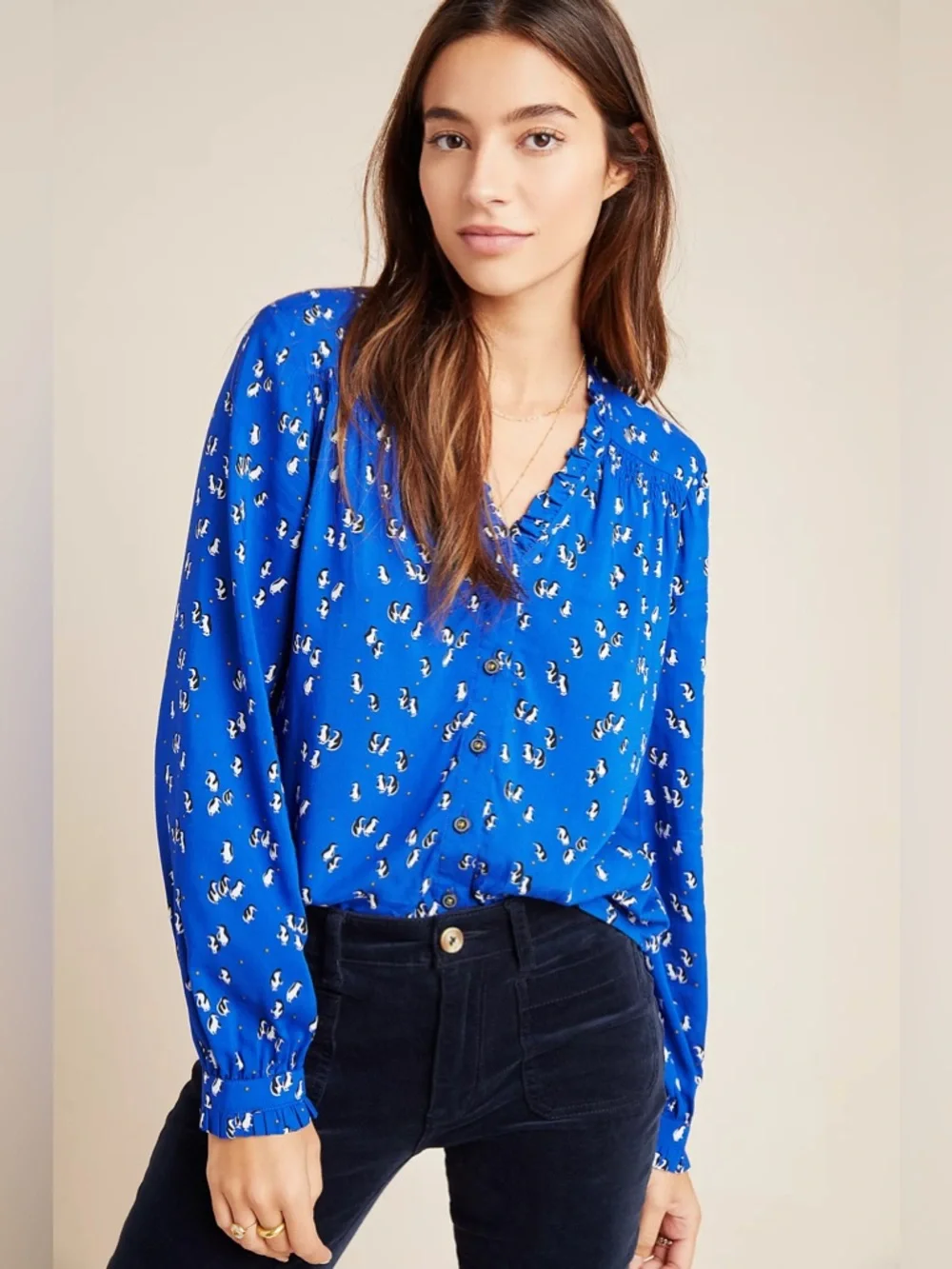 Marisol Ruffled Blouse by Maeve for Anthropologie Size 16W Penguins - Picture 1 of 15